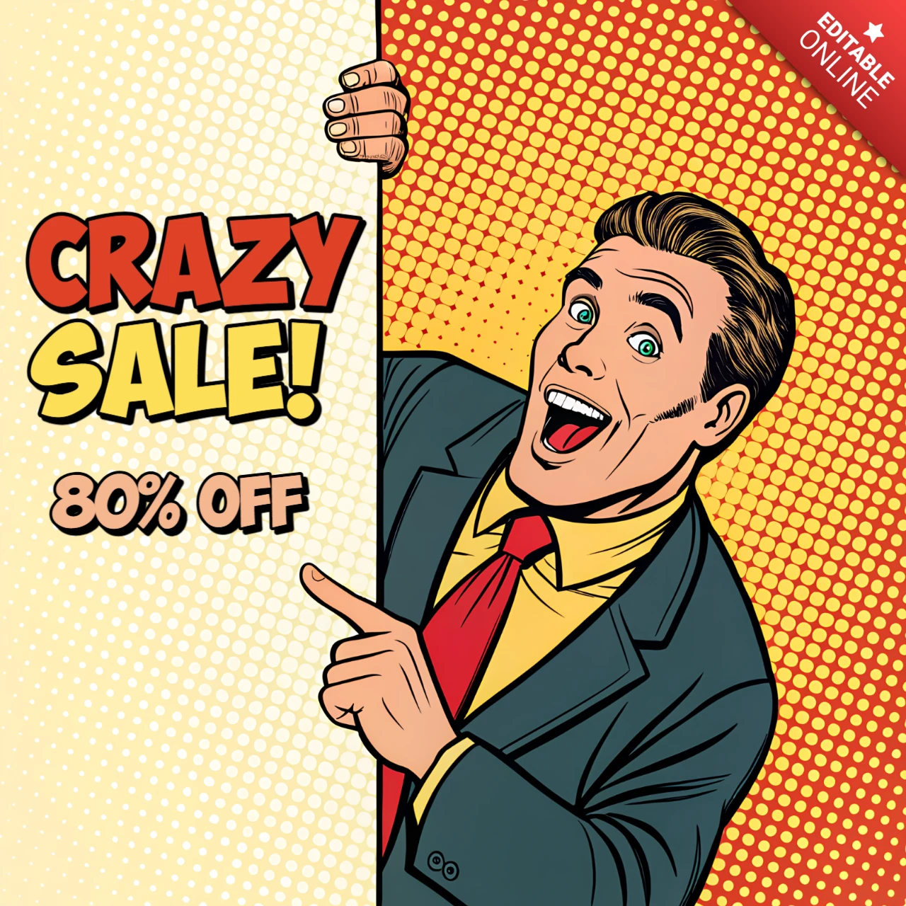 Popart verkoop sjabloon met opgewonden man voor promotionele flyers