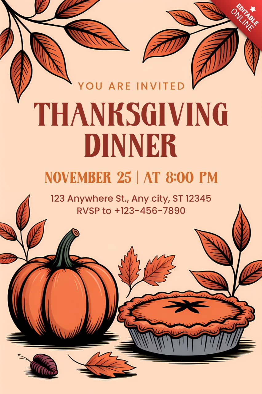 Thanksgiving Dinner Invitation Template with Pumpkin and Pie Design
