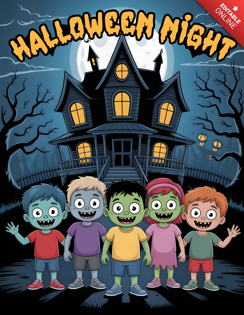 Modèle d'affiche pour la nuit d'Halloween enfants zombies devant un manoir hanté avec pleine lune et citrouilles décoratives pour la fête