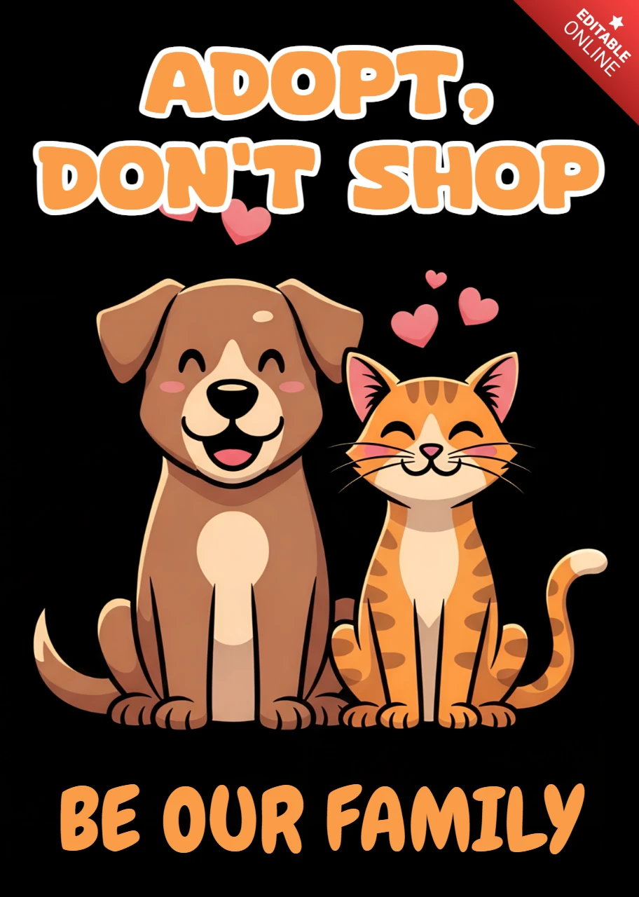Adopta, no compres, plantilla de diseño para carteles de adopción de mascotas con gráficos de perros y gatos adorables.