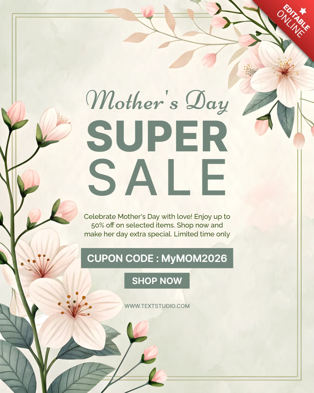 Elegante diseño de plantilla de venta floral del día de la madre para promociones de spa