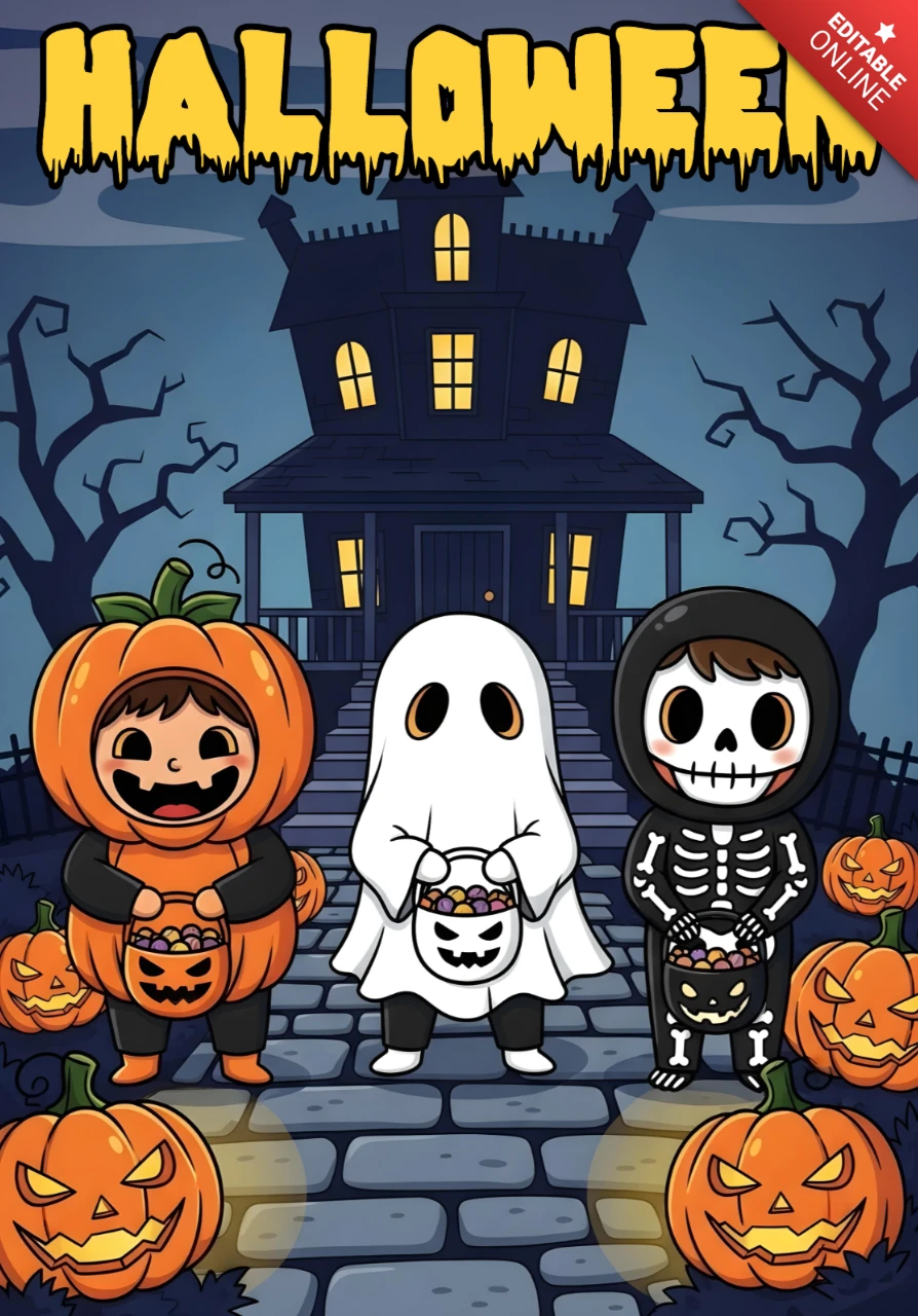 ハロウィンの招待状 カートゥーン 子供たちがコスチュームを着てジャック・オー・ランタンの道のデザイン テンプレート フェスティブフライヤー用
