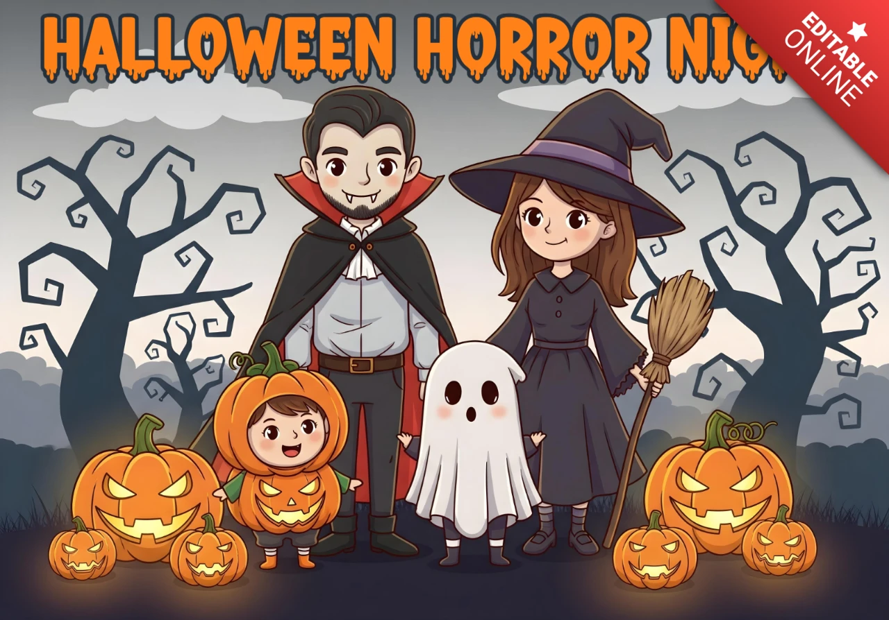 Ilustración de Halloween de truco o trato: vampiro, bruja, fantasma y calabaza con árboles retorcidos y diseño de cielo nocturno para volantes festivos.