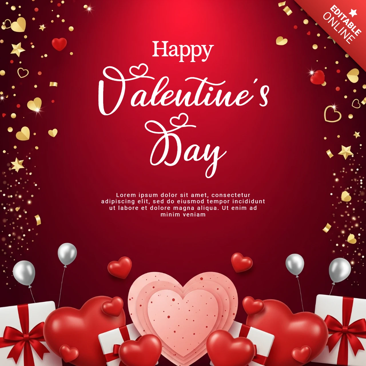 Valentine’s Day Background with Gift Boxes, Heart Balloons, and Glowing Red Gradient for Romantic Greetings
