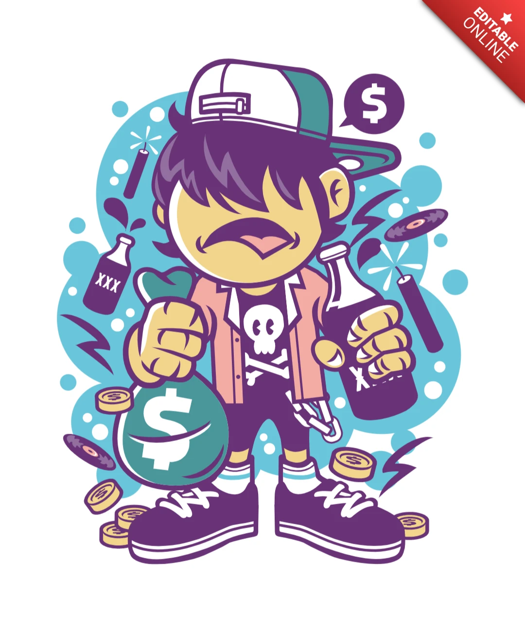 Rijke bastaard stripfiguur t-shirt ontwerpsjabloon