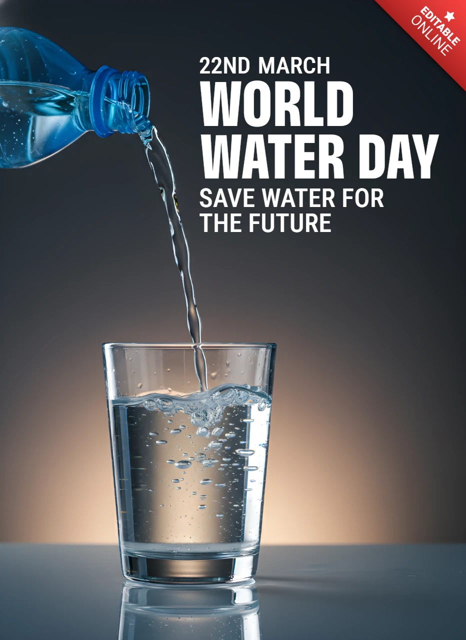 Cartel del Día Mundial del Agua 2026, ahorra agua para el futuro con diseño de vaso y botella de agua limpia.