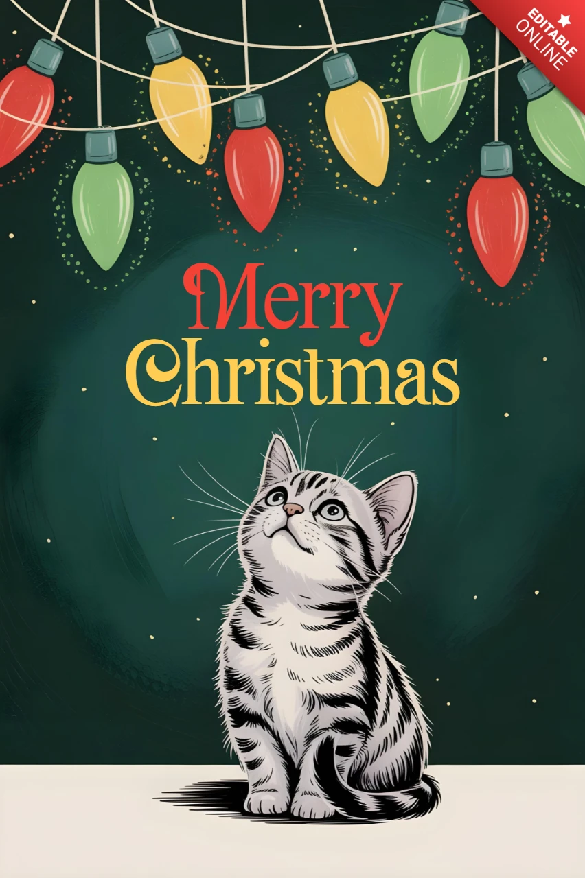 Tarjeta de saludo estacional, adorable gato bajo luces colgantes en una acogedora escena navideña con fondo verde.