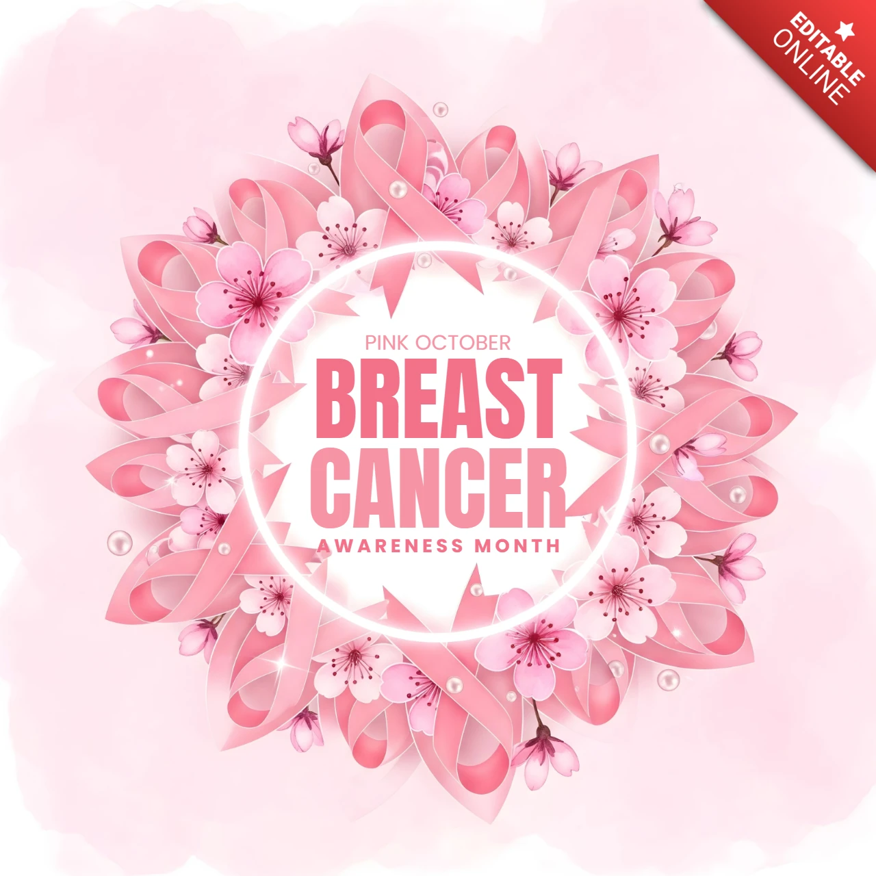 Hope & Healing Breast Cancer Awareness Month with Cherry Blossoms & Ribbon Ring Banner Design Template