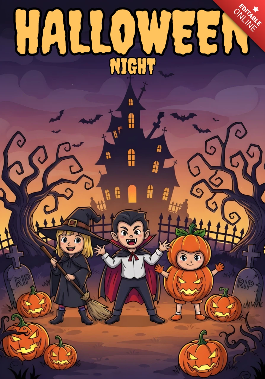 Convite de Halloween cartoon crianças em fantasias com lápides e abóboras iluminadas design de modelo para panfletos festivos