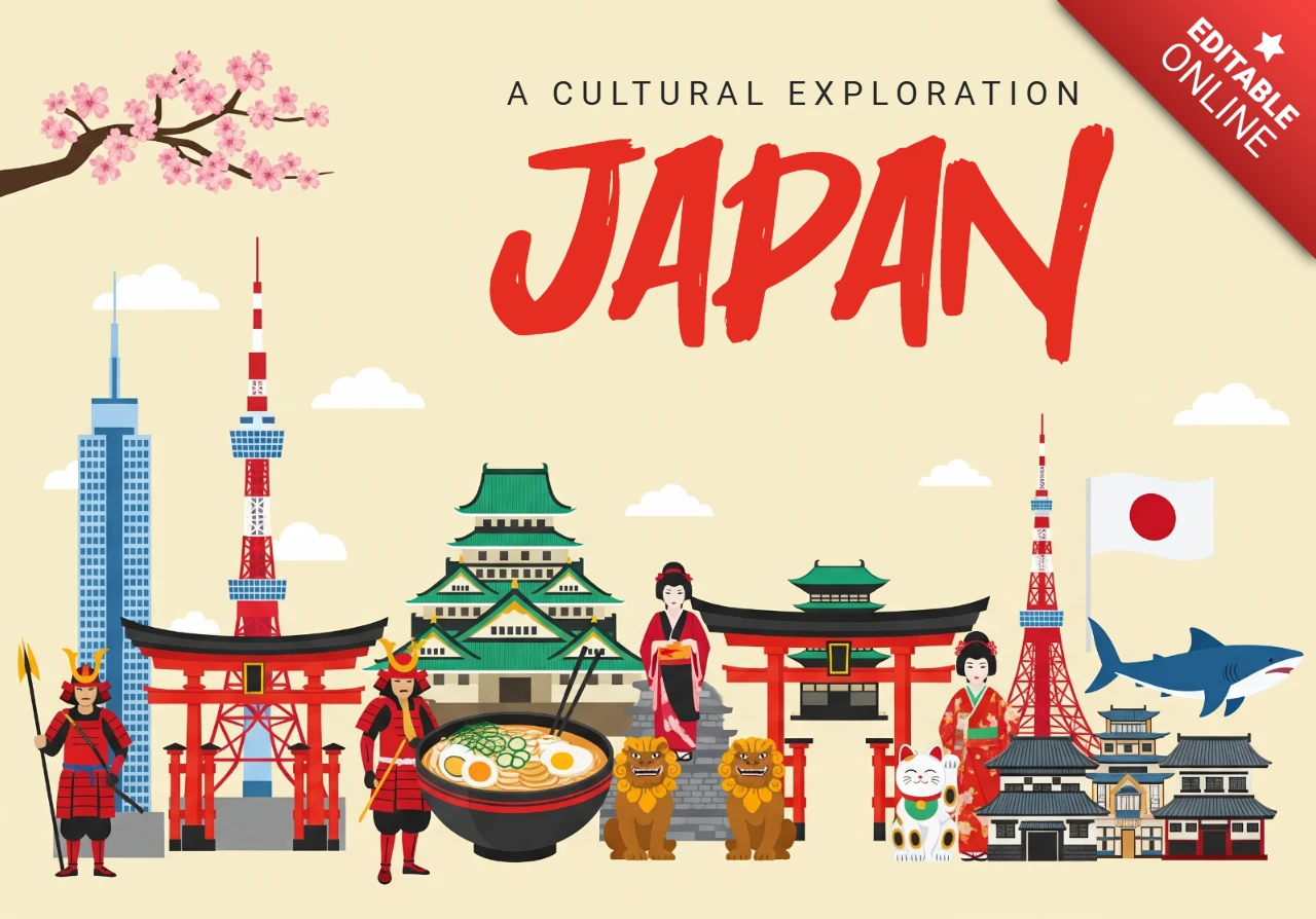 文化探訪 日本 ポスター 富士山、塔、侍、芸者、桜の色彩豊かなシーン