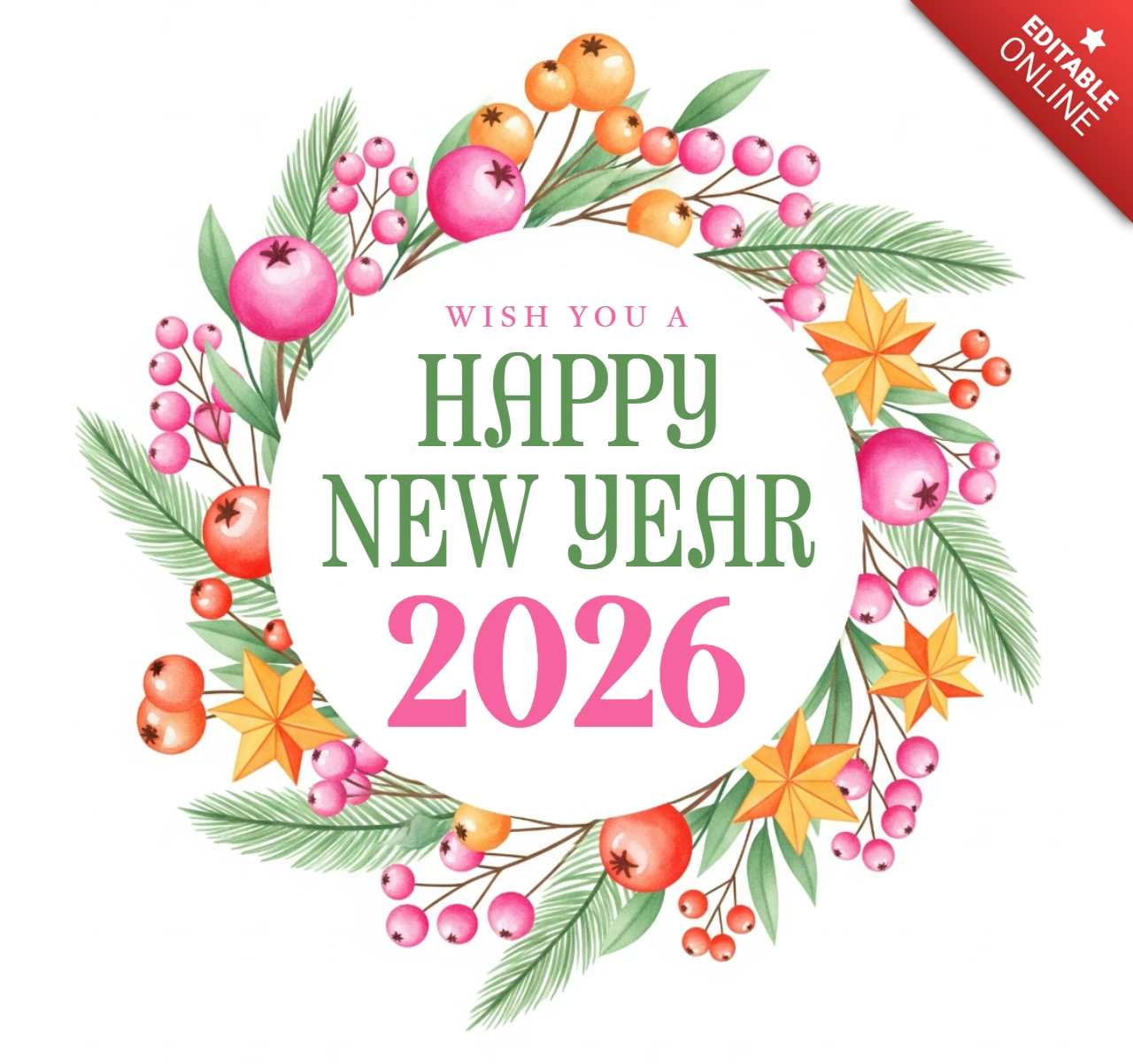 New Year Wishes Template 2026 Watercolor Design with Festive Wreath and Artistic Celebration Flair