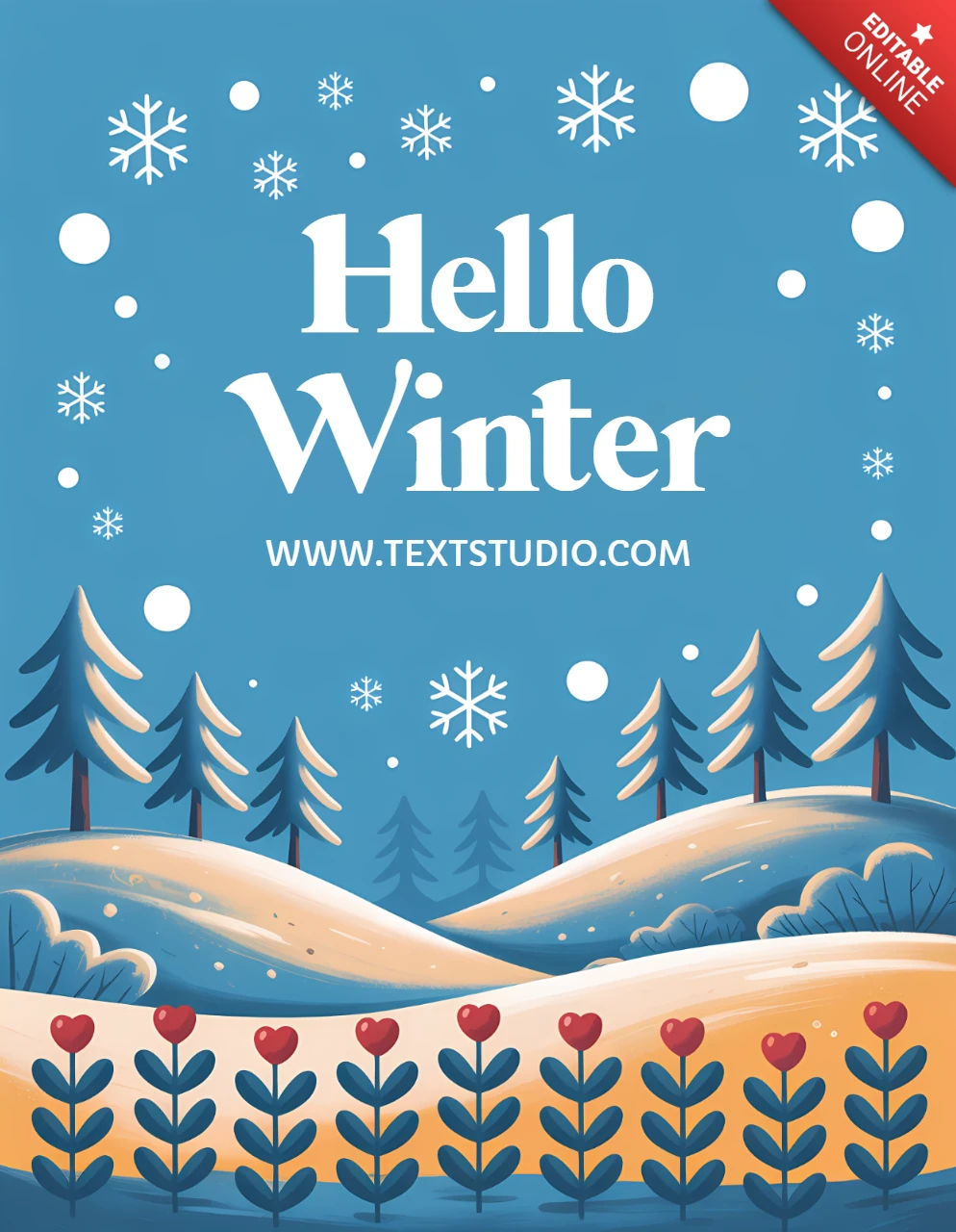 Template di design invernale per biglietti d'auguri con alberi innevati ed elementi floreali