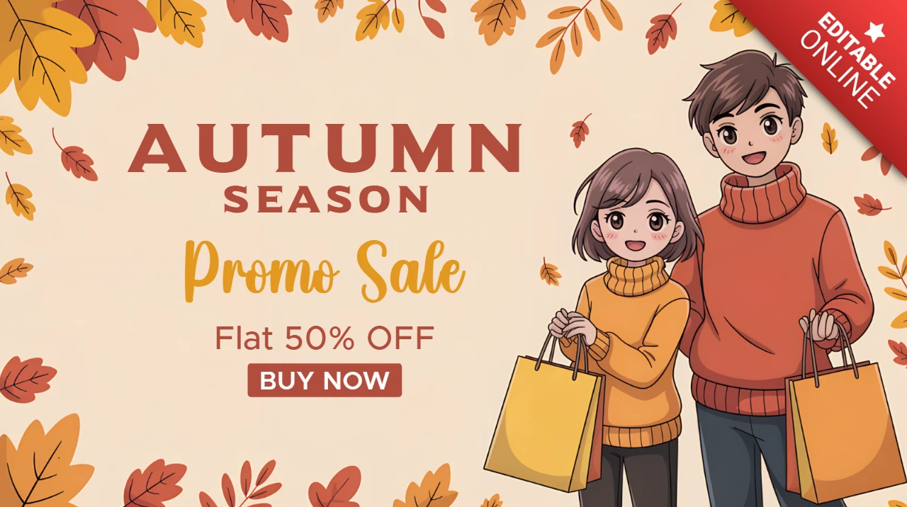 Modèle de design de vente d'automne avec des personnages de dessin animé et des feuilles pour des flyers promotionnels