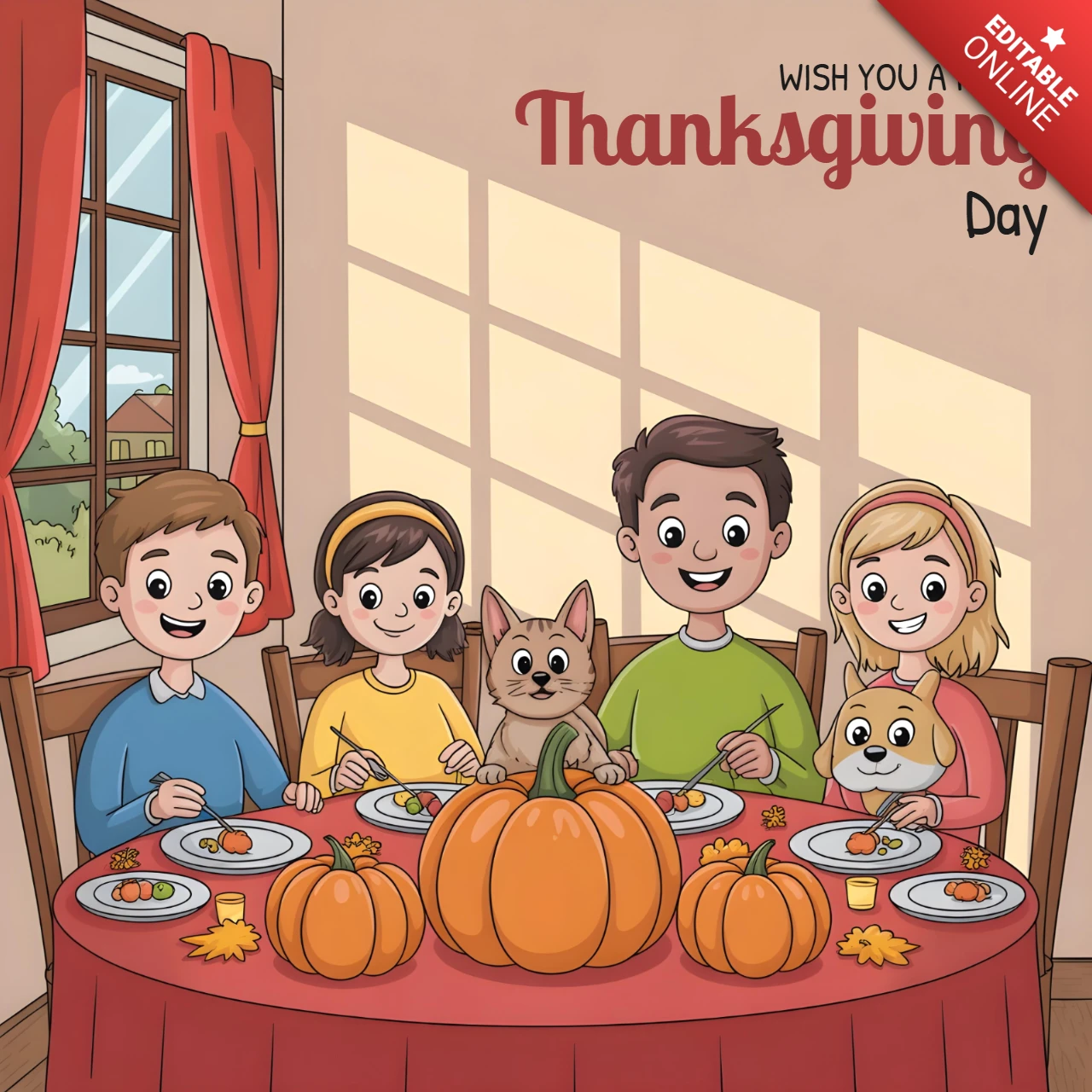 Famille et amis à fourrure profitant d'un repas de fête avec des feuilles d'automne et une pièce ensoleillée, modèle de bannière de carte de Thanksgiving.