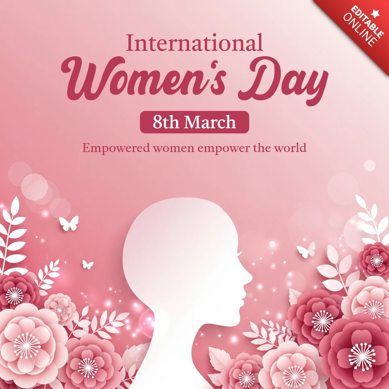 International Women’s Day Poster Design with Woman Silhouette, Floral Decorations, and Pink Gradient Background