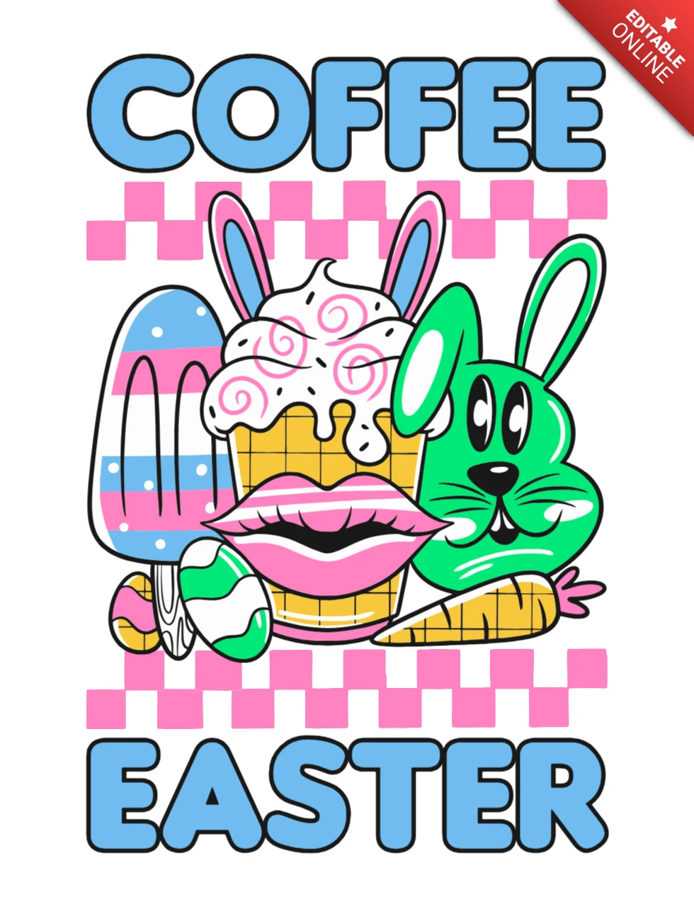 Coffee & Easter Bunny with Carrot, Popsicle & Decorated Eggs T-Shirt Design Template