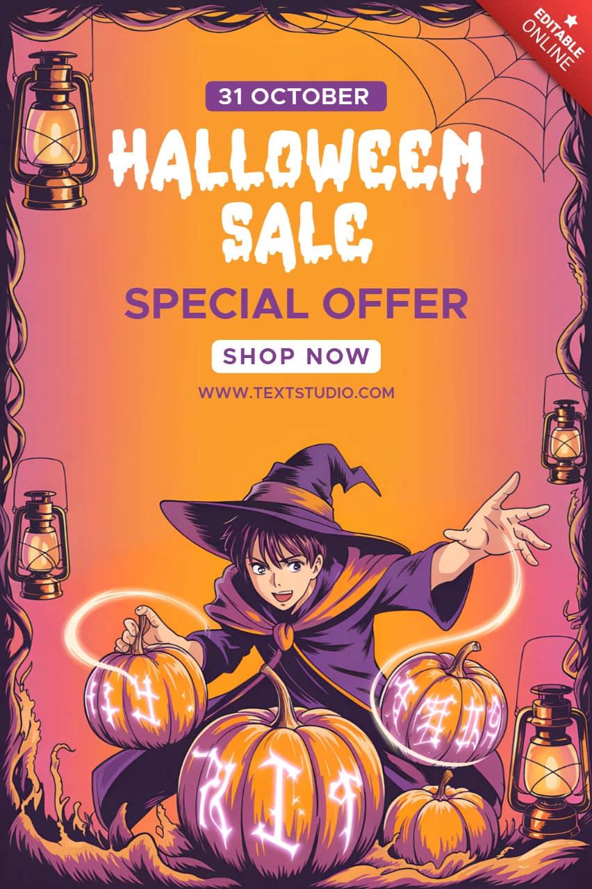 Plantilla de volante de venta de Halloween editable con diseño de bruja caprichosa y elementos de calabaza.