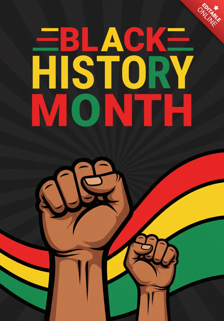 Celebra el mes de la historia negra 2026 cartel con puños en alto, diseño de cinta panafricana y tipografía en negrita que destaca la unidad, la fuerza y el orgullo cultural.