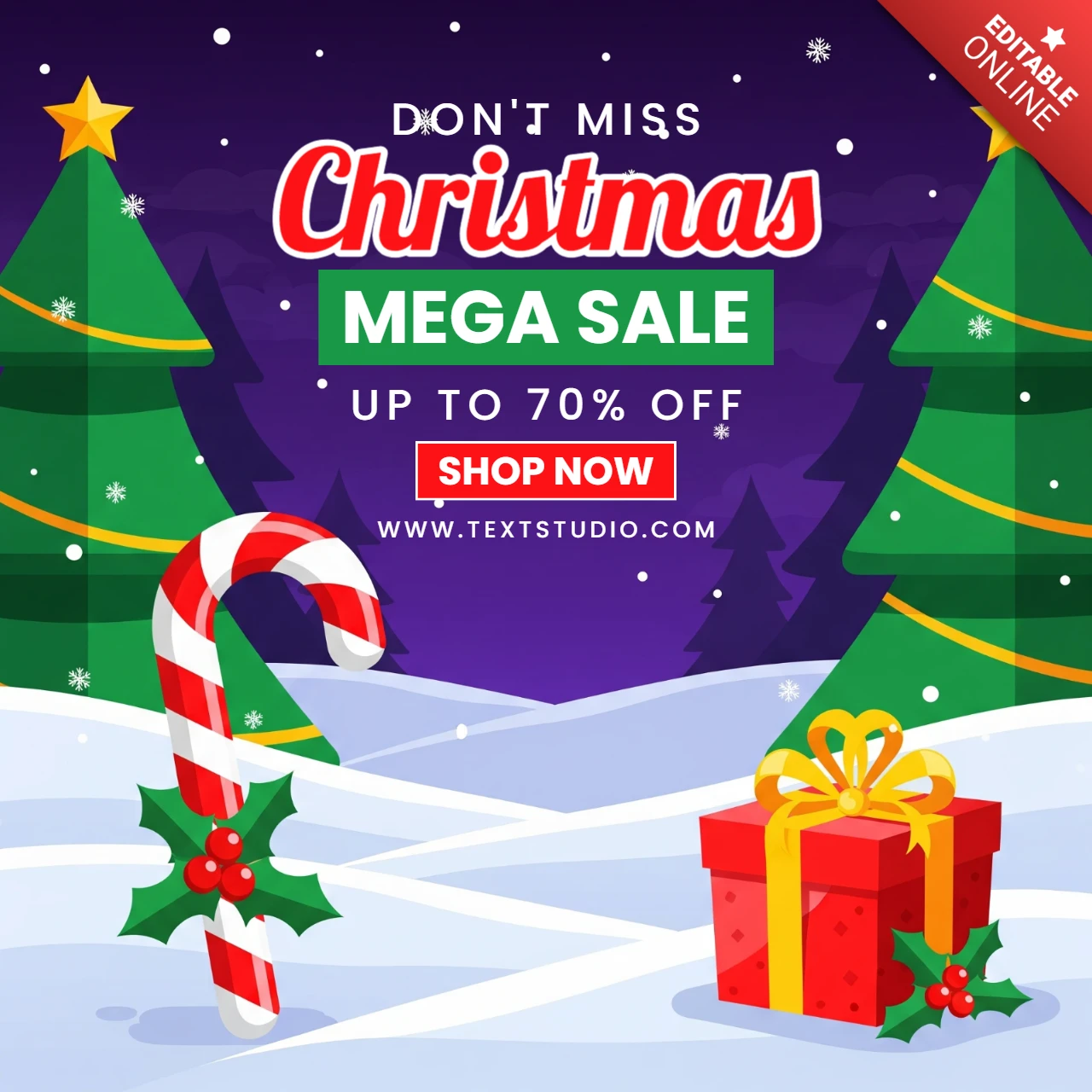 Holiday Shopping Poster Christmas Promo Template with Snowy Trees and Seasonal Sparkle