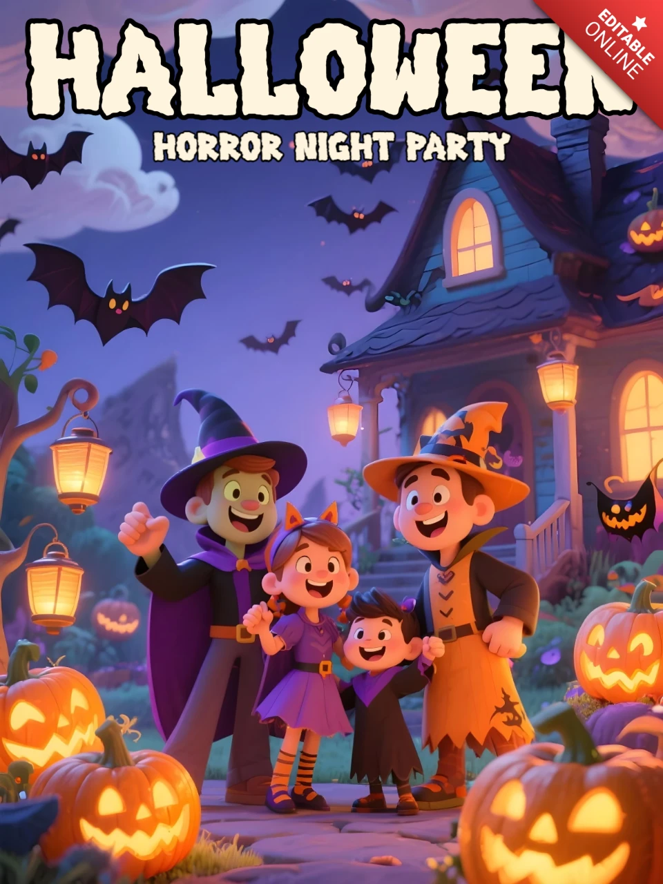 Póster de fiesta de Halloween dúo de truco o trato en cementerio embrujado con diseño de calabazas para volantes festivos.