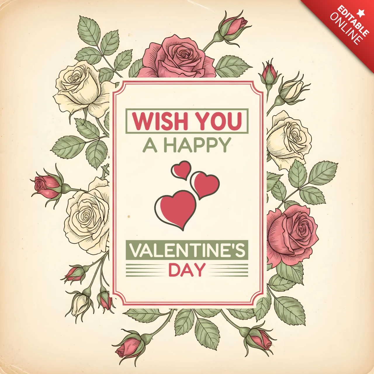 Plantilla de diseño de tarjeta de San Valentín vintage con flores y rosas