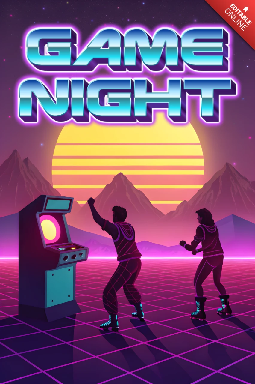 Design esthétique retrowave pour modèles de flyers d'événements de soirée jeux