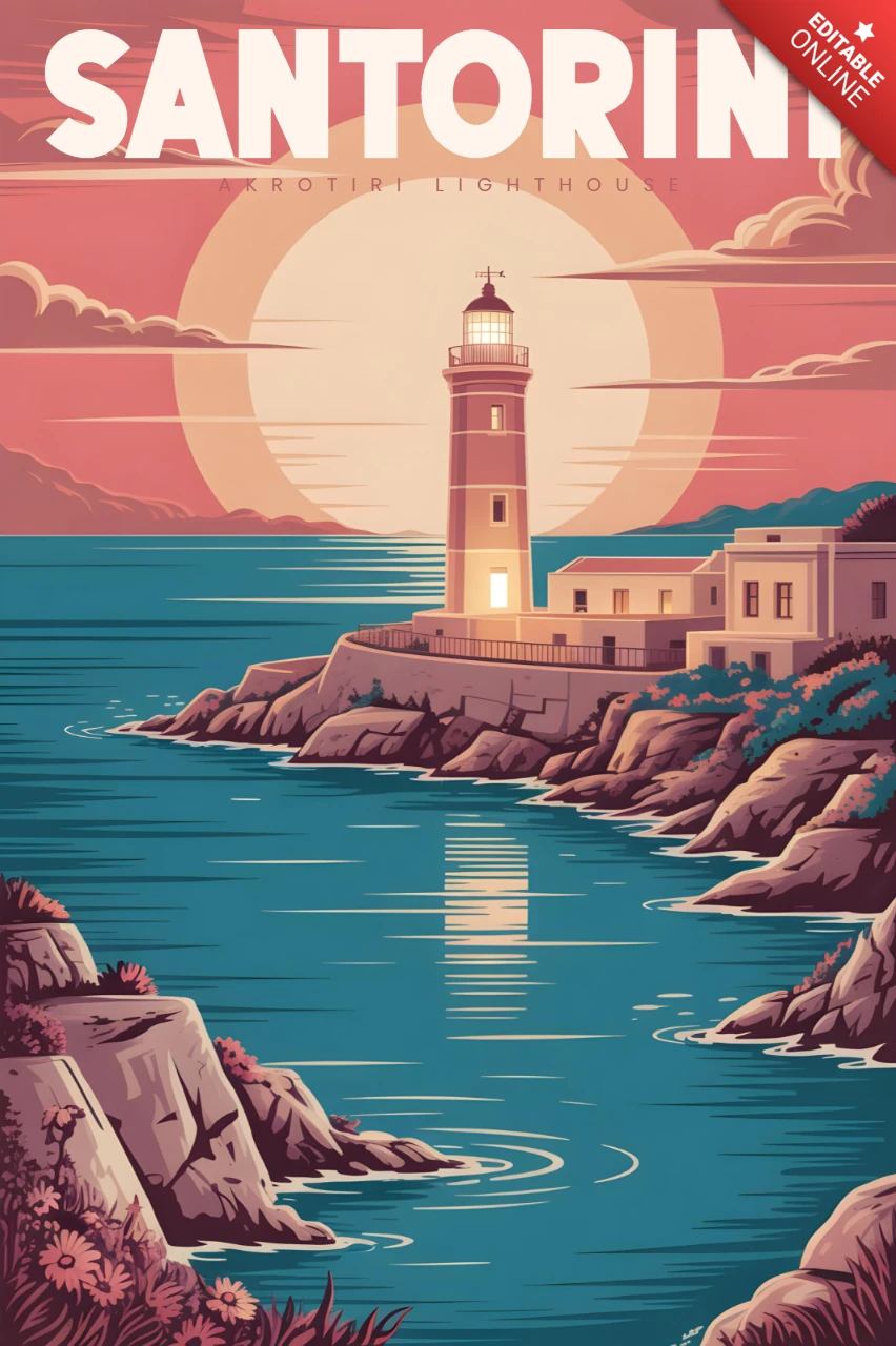 Phare d'Akrotiri au coucher du soleil avec vue sur la falaise et mer scintillante modèle de posters de voyage à Santorin