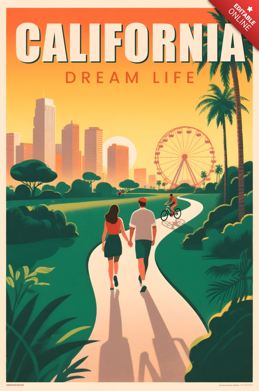 Template de design retro para pôsteres da vida dos sonhos da Califórnia