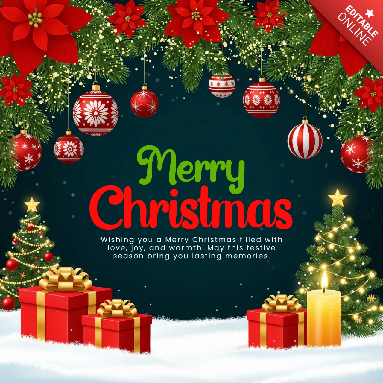 Christmas Greeting Card Dark Wood Background with Garland of Candy Canes, Gifts, and Santa Hat Framing Peaceful Message Design Template