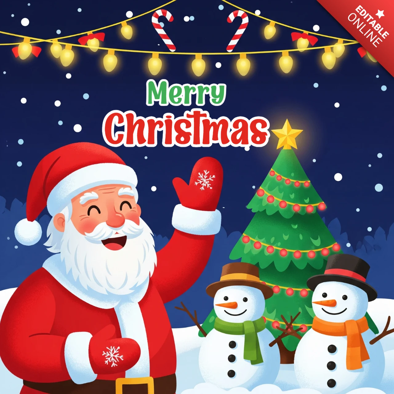 Weihnachtsgrußkarte mit Santa und Schneemännern, dekoriertem Baum, Zuckerstangen und Lichtern in einer verschneiten Szenen-Poster-Designvorlage