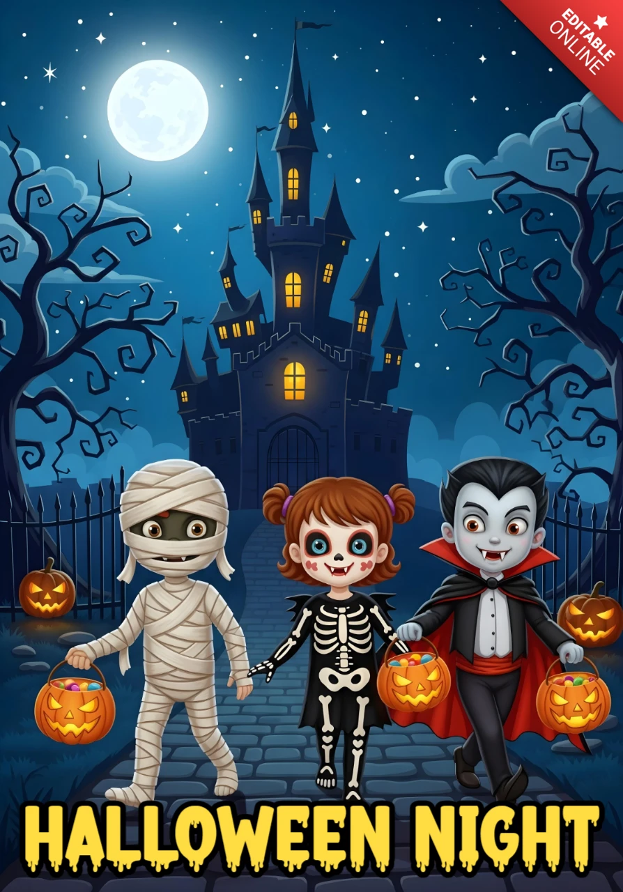 Modèle d'invitation d'Halloween effrayant avec des enfants momies, squelettes et vampires dans un design de scène forestière gothique pour des flyers festifs.
