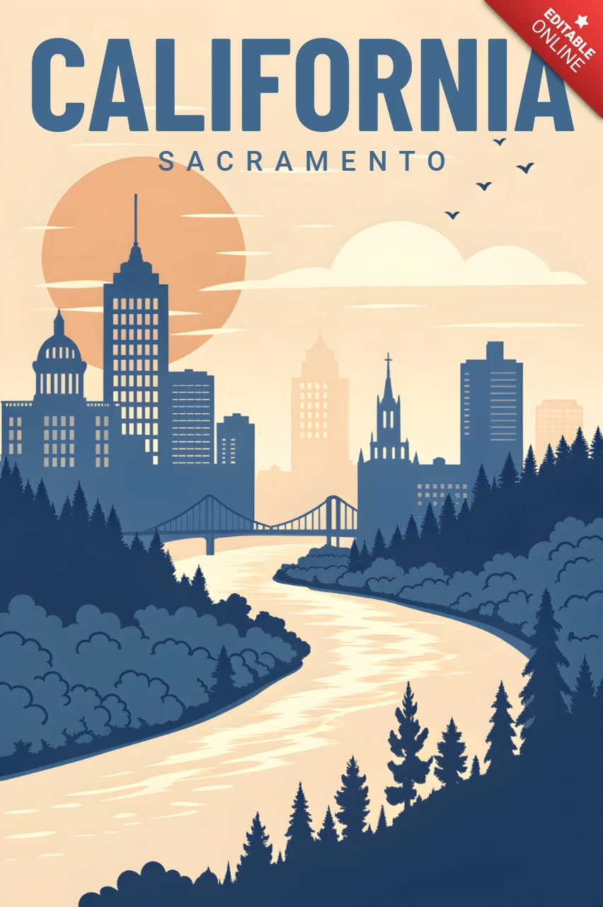 California Sacramento retro landschapsontwerp sjabloon voor posters