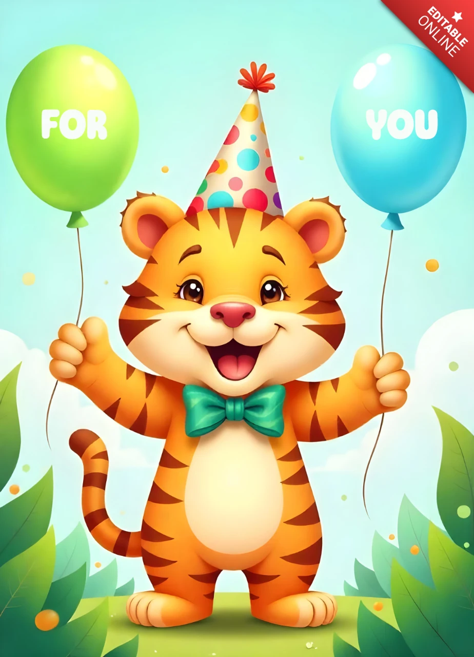 Minimalist Cartoonish Birthday Card Design With Cute Tiger and Balloons