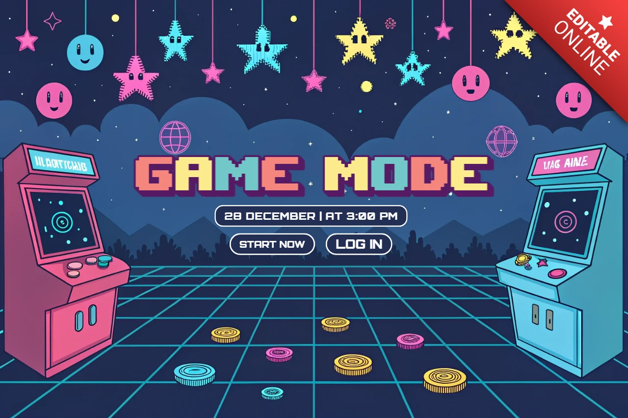 Retro arcade game avond evenement sjabloon met neon ontwerp voor posters