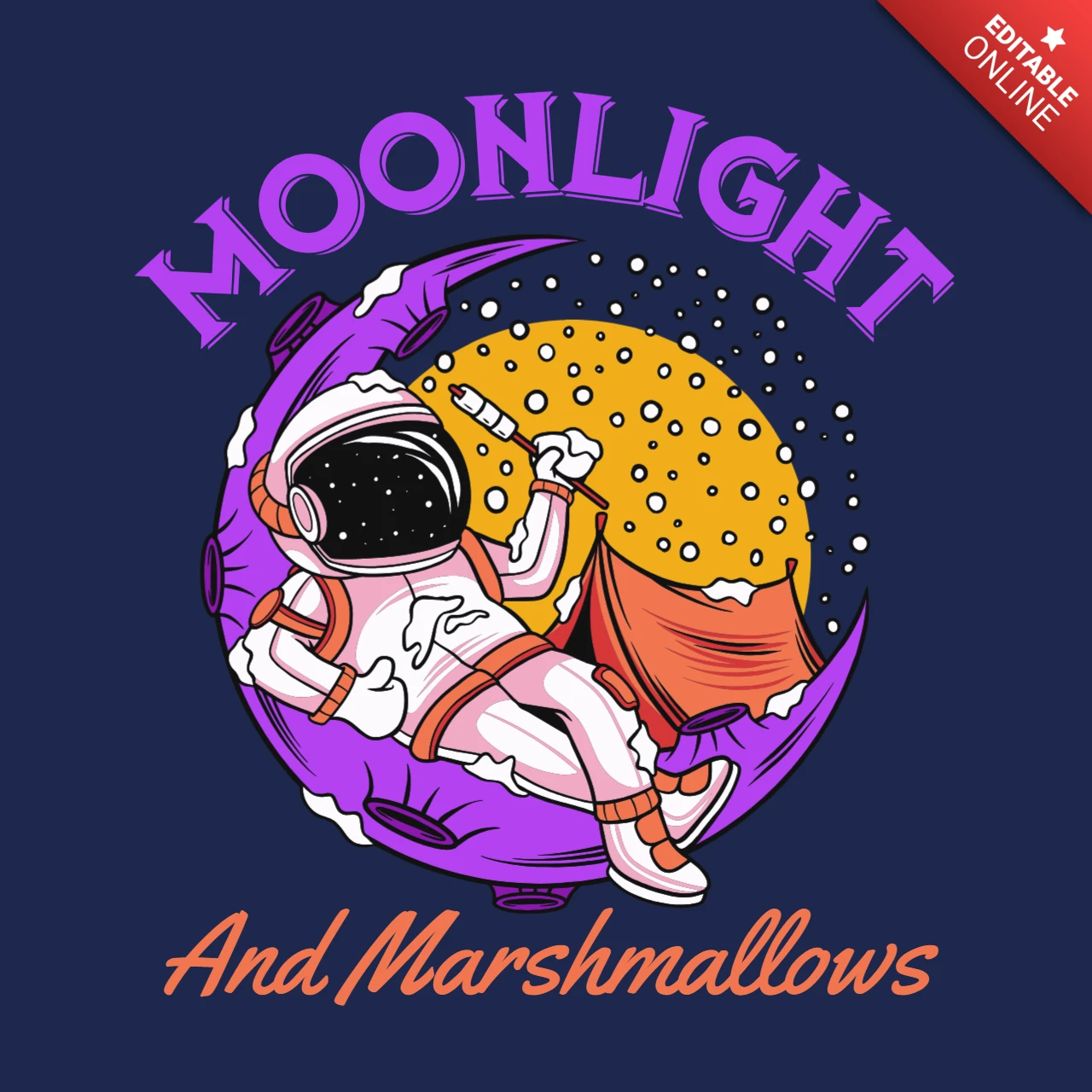 Mondlicht & Marshmallows Astronauten-Camping-Poster mit Zelt, Feuer und sternenklarem Weltraumszenen-T-Shirt-Designvorlage