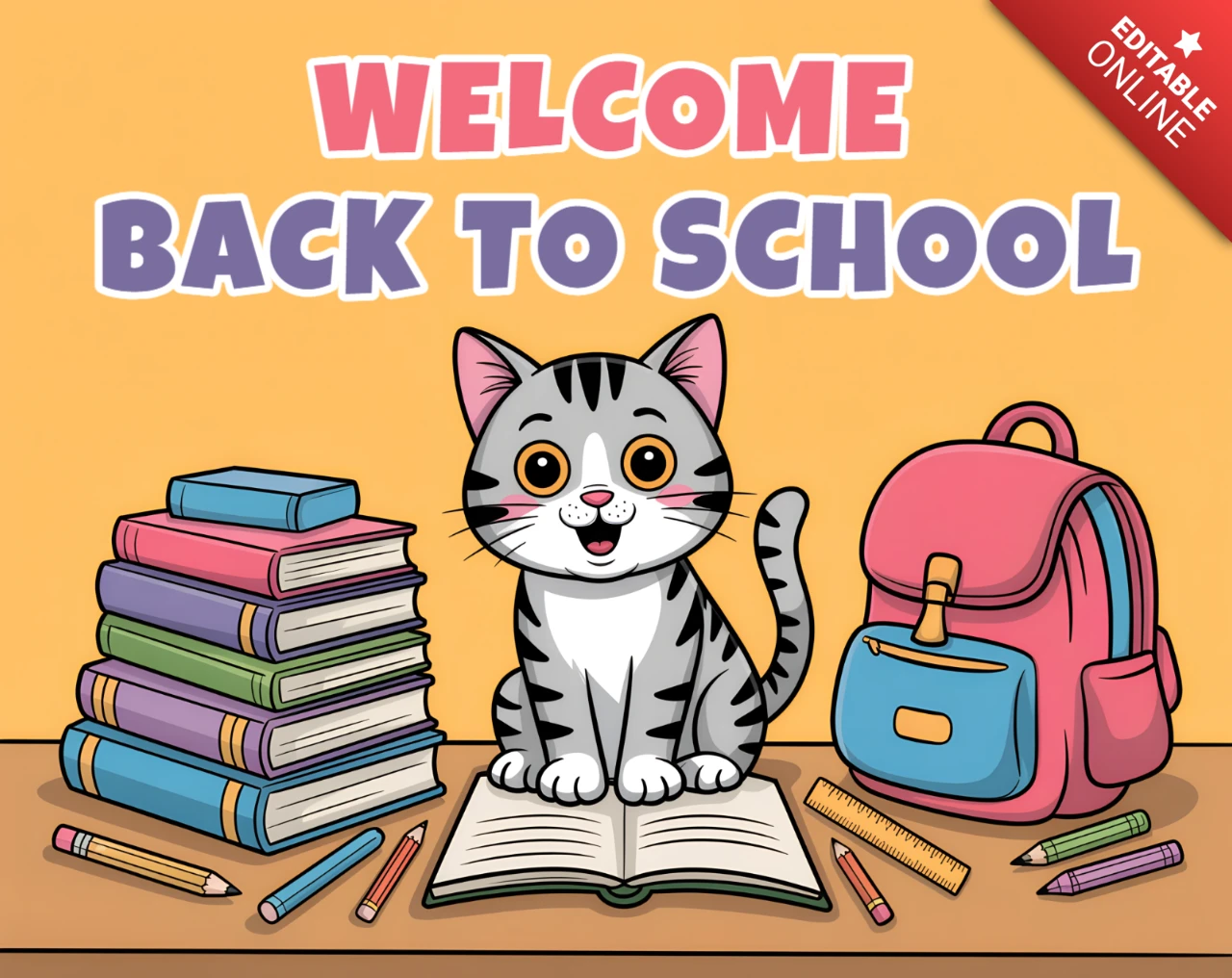Plantilla de diseño de gato de vuelta a la escuela para tarjetas de felicitación