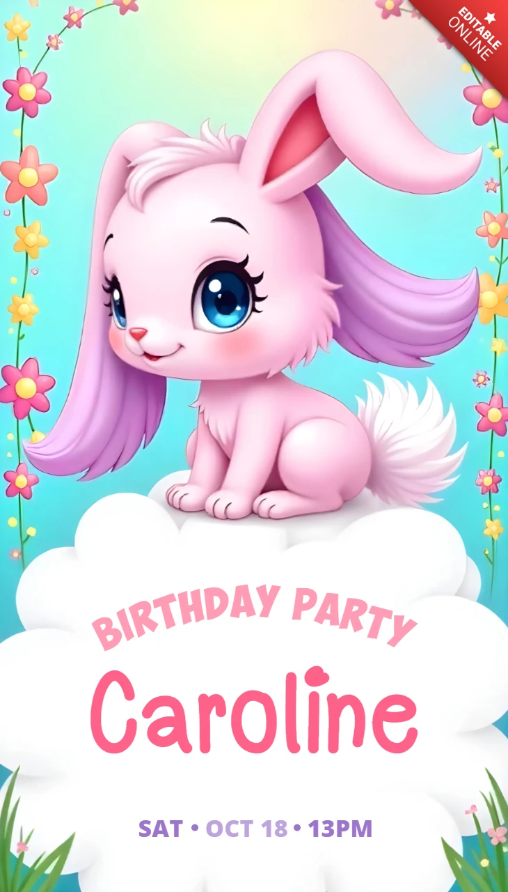 Adorável modelo de convite de aniversário com tema de coelhinho rosa para crianças