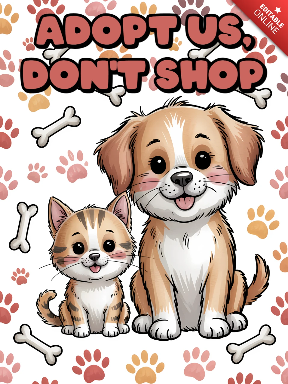 Adóptanos, no compres, plantilla de diseño para folleto de adopción de mascotas con adorables ilustraciones de perros y gatos.
