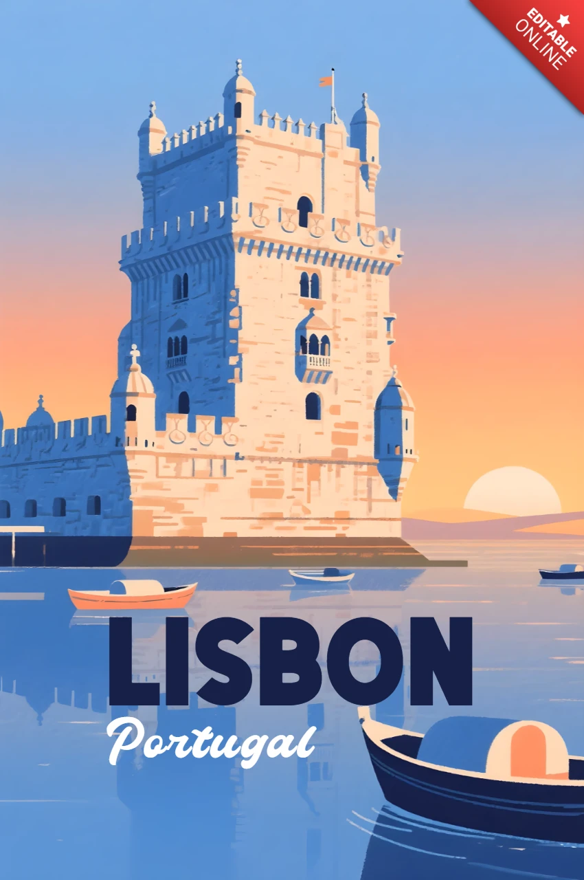 Belem Tower in Lisbon Portugal Vintage Design Template for Travel Posters