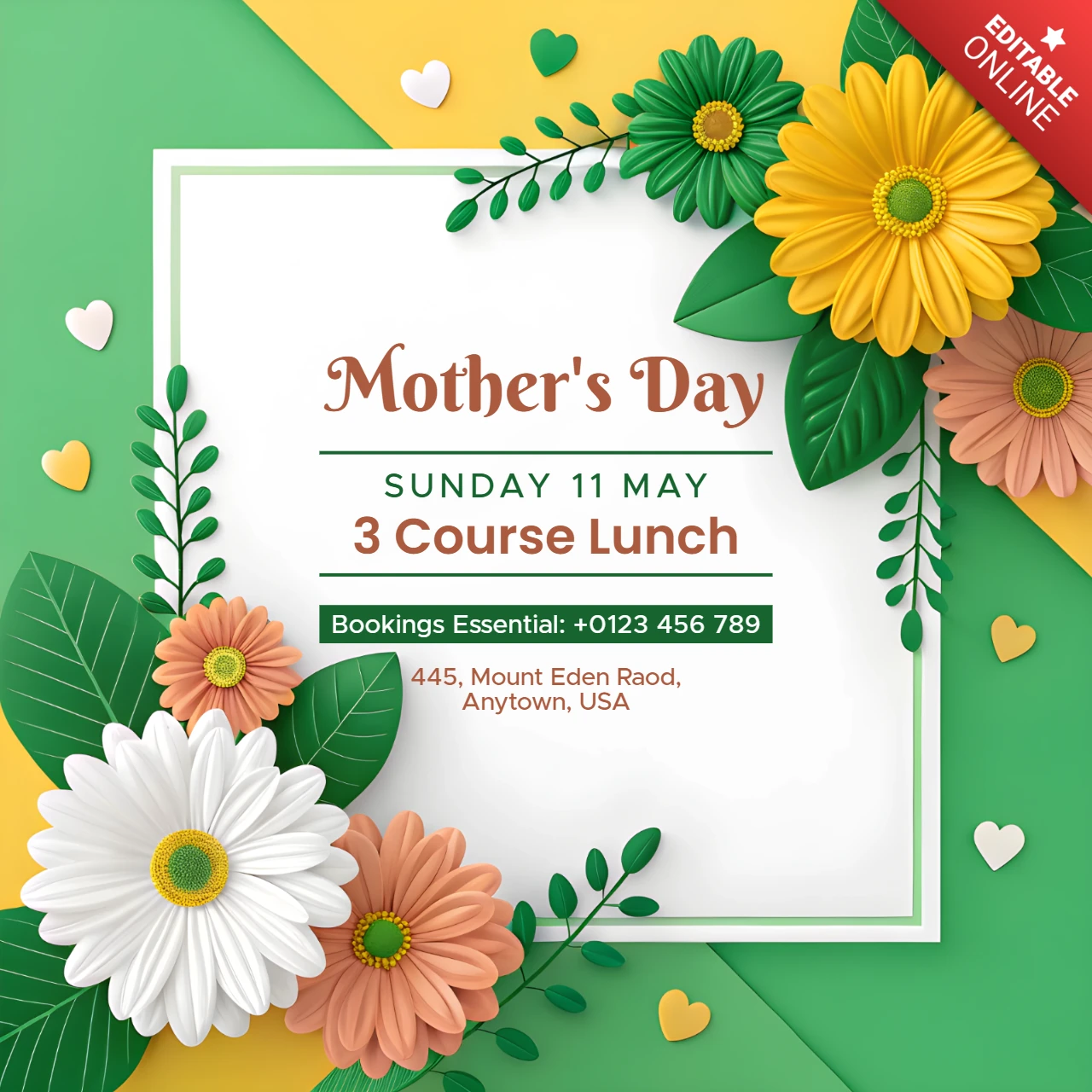 Floral Mother's Day Celebration Template – Editable Design for 3 Course Lunch Invitations