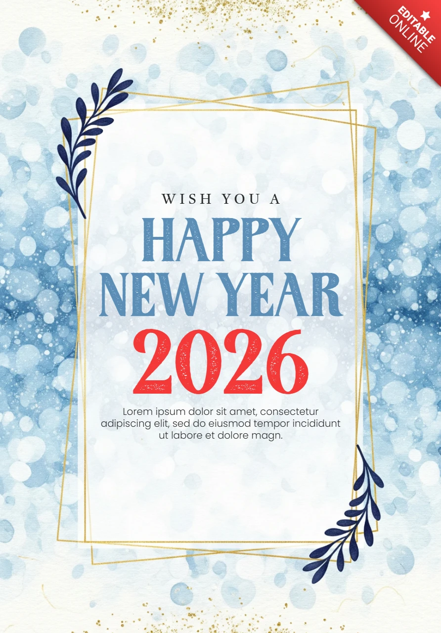Aquarell Neujahrskarte 2026 Vorlage mit Lichteffekten, geometrischem Rahmen und Feierbotschaft