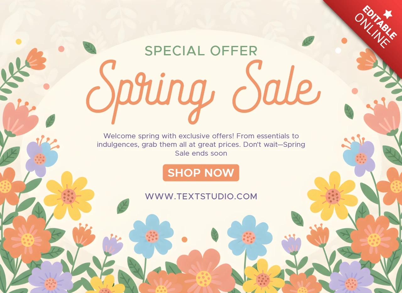 Affiche promotionnelle de vente de printemps avec une bordure florale, une typographie en gras et des offres à durée limitée.