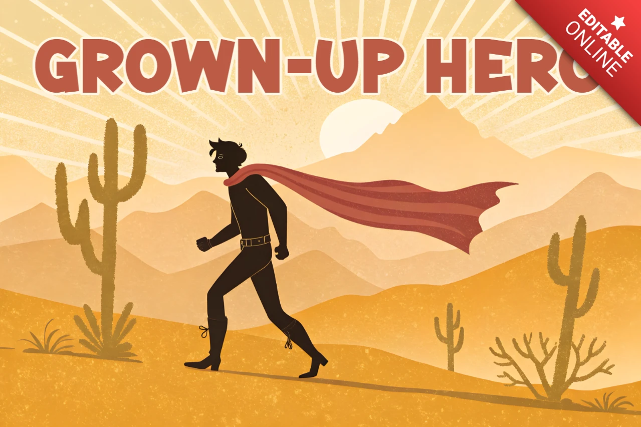 Template de design de personagem heroico para pôsteres em estilo deserto retrô