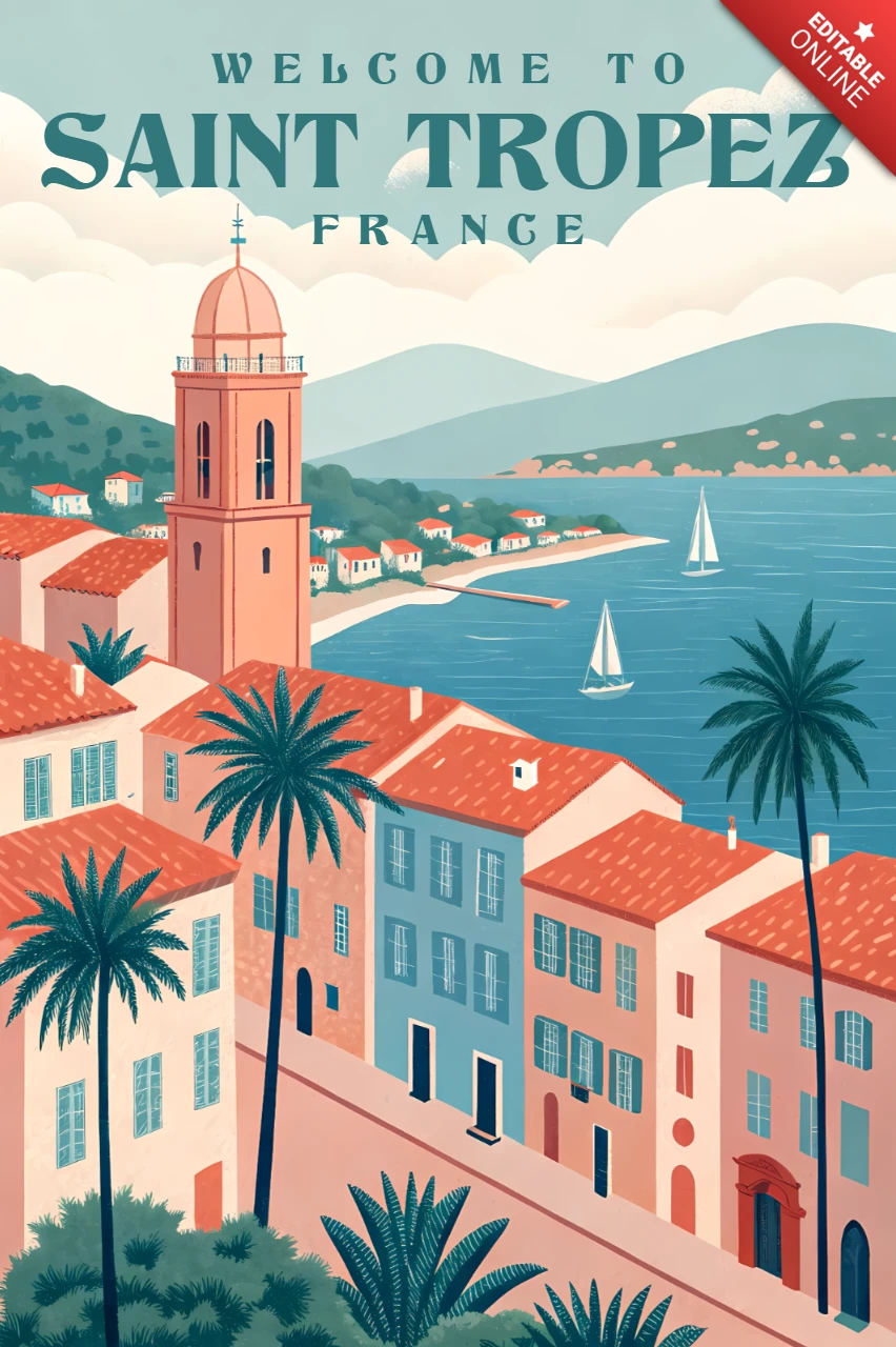 Vintage Saint-Tropez-Reiseplakat-Designvorlage mit Küstenlandschaft und Palmen.