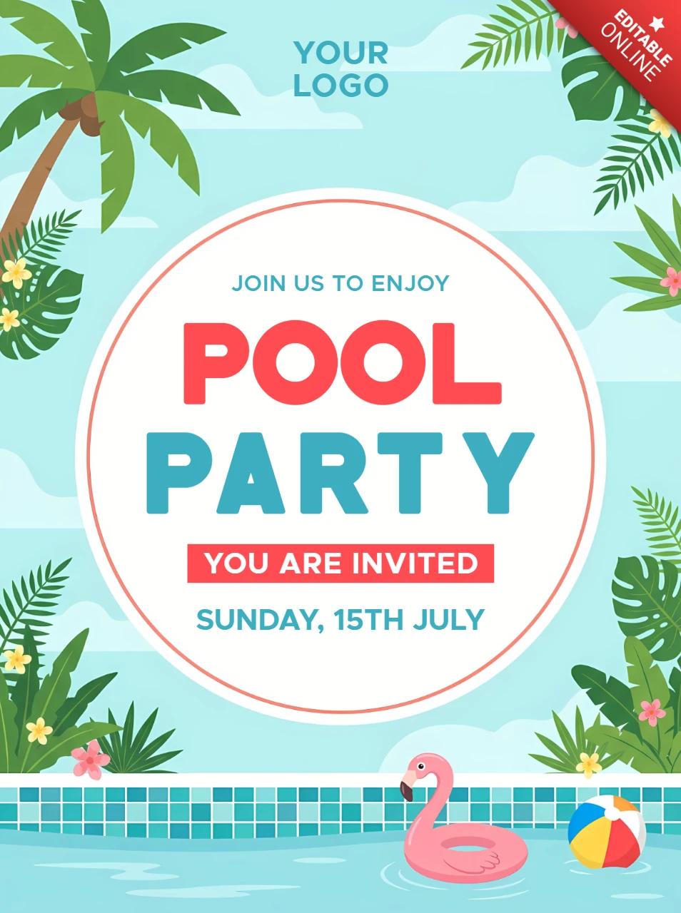 Modèle d'invitation à une fête à la piscine avec bouée flamant rose, ballon de plage et éléments tropicaux au bord de la piscine