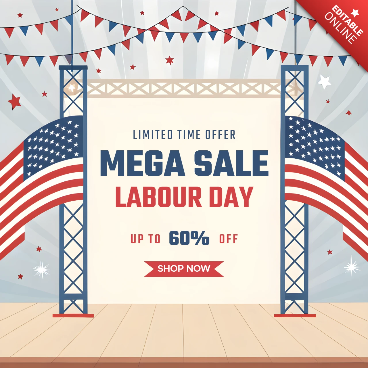 Patriotic Labour Day Sale Design Template with Banners and Stars