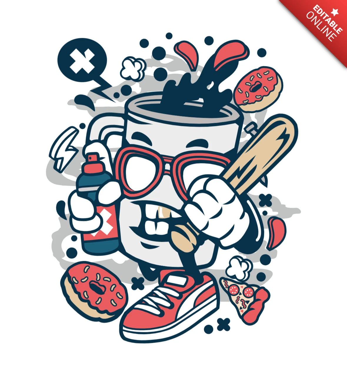 Frühstücks-Kaffee-Bastard-Cartoon-Charakter-T-Shirt-Design-Vorlage