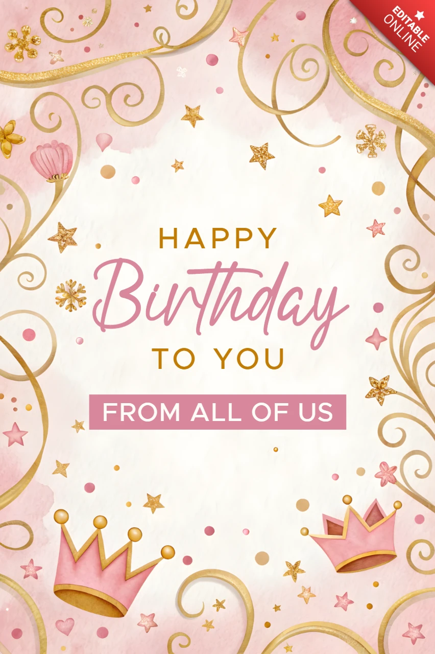 Template de cartão de aniversário rosa elegante com detalhes em dourado - design de princesa editável