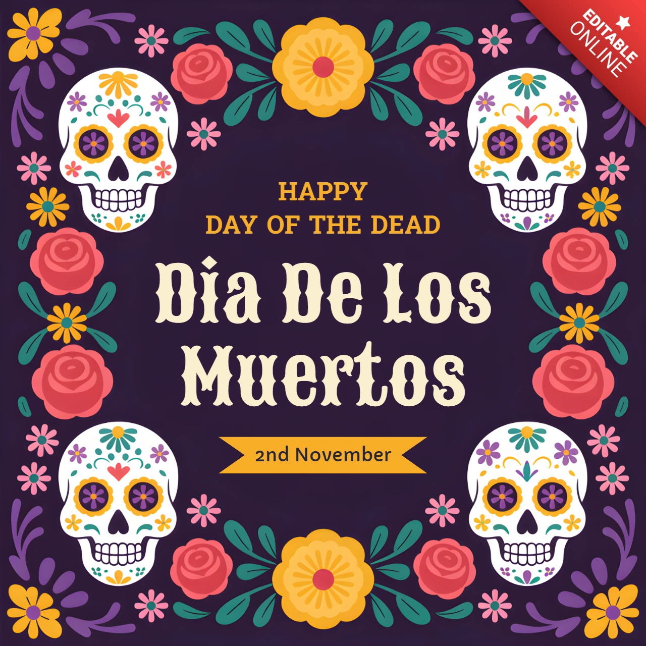 Template de design colorido para o dia de los muertos para cartaz festivo