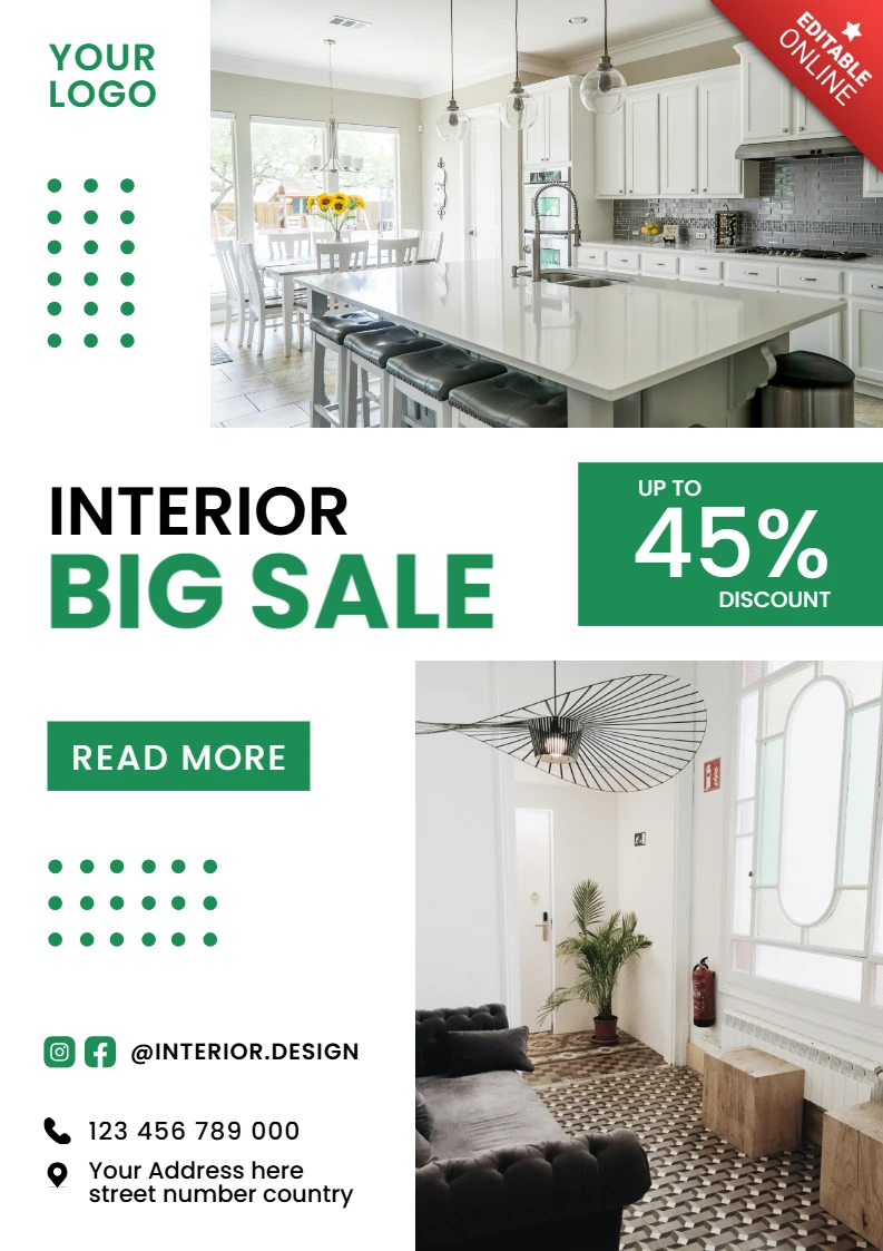 Modern Interior Design Template for Promotional Flyer with Stylish Kitchen and Living Room Elements